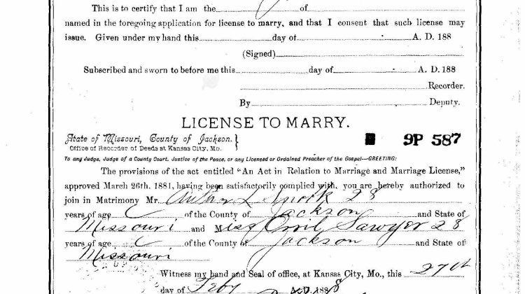 Arthur Snook and Orril Sawyer marriage license