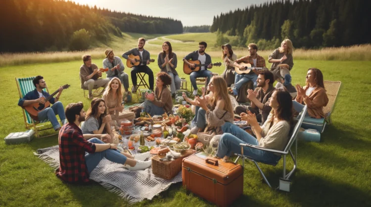 A small group of people, dressed in modern casual clothing, sitting on picnic blankets and in camp chairs in a scenic outdoor setting. They are playing music, with some holding guitars and ukuleles, while others clap, sing along, and enjoy snacks from a picnic spread. The background features trees and an open sky, creating a relaxed and joyful atmosphere.