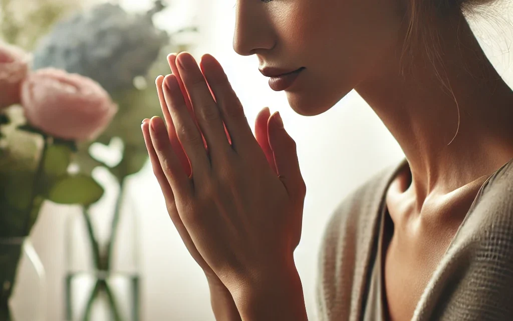 A serene woman with her hands clasped in prayer, surrounded by flowers, representing peace, reflection, and healing during a time of grief.