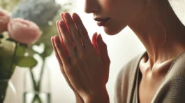 A serene woman with her hands clasped in prayer, surrounded by flowers, representing peace, reflection, and healing during a time of grief.