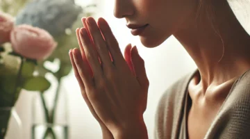 A serene woman with her hands clasped in prayer, surrounded by flowers, representing peace, reflection, and healing during a time of grief.