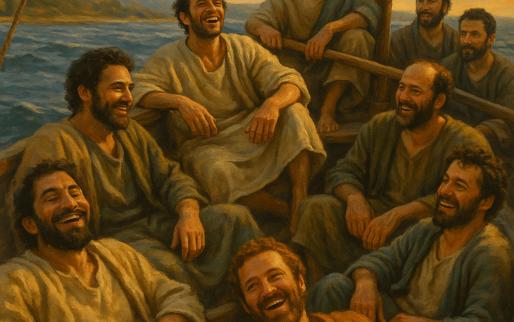 An oil-painting–style image showing several of Jesus’ disciples laughing and relaxing together in a wooden boat at dusk, with warm golden light on the water and distant hills. The mood is peaceful and joyful as they reflect on the miracle of feeding the 5,000.