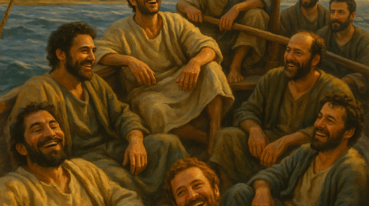An oil-painting–style image showing several of Jesus’ disciples laughing and relaxing together in a wooden boat at dusk, with warm golden light on the water and distant hills. The mood is peaceful and joyful as they reflect on the miracle of feeding the 5,000.