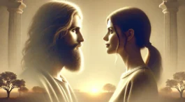 A serene profile view of a person and a human-like depiction of Jesus looking at each other, illuminated by soft, warm light, with a peaceful, blurred natural background. This image was generated by AI.