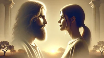 A serene profile view of a person and a human-like depiction of Jesus looking at each other, illuminated by soft, warm light, with a peaceful, blurred natural background. This image was generated by AI.