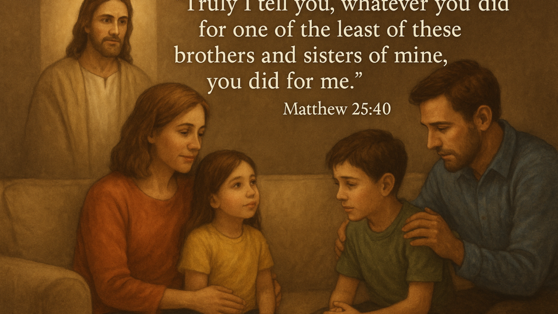 Illustration of a family of four seated on a couch, interacting tenderly, with Jesus watching over them in the background; includes the Bible verse Matthew 25:40 in a serif font.