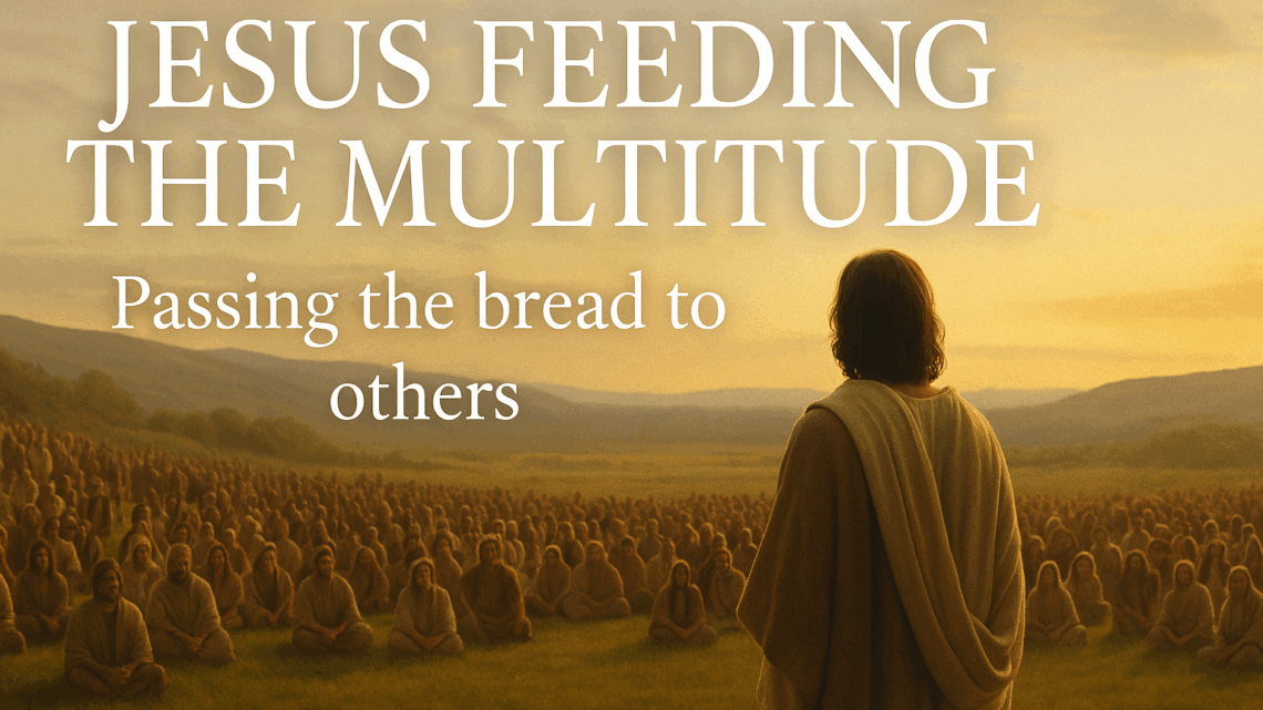 Jesus facing a large crowd seated in the grass at sunset, with text reading “Jesus Feeding the Multitude – Passing the bread to others.”