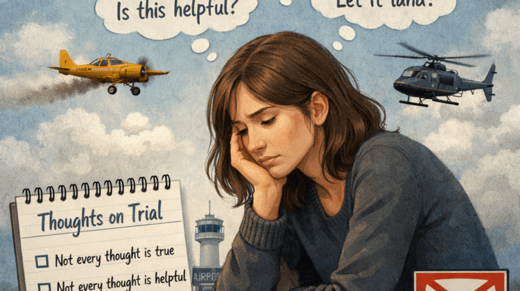 Illustrated image of a thoughtful woman sitting beneath a sky filled with airplanes, using the metaphor of thoughts as planes that may or may not be allowed to land.