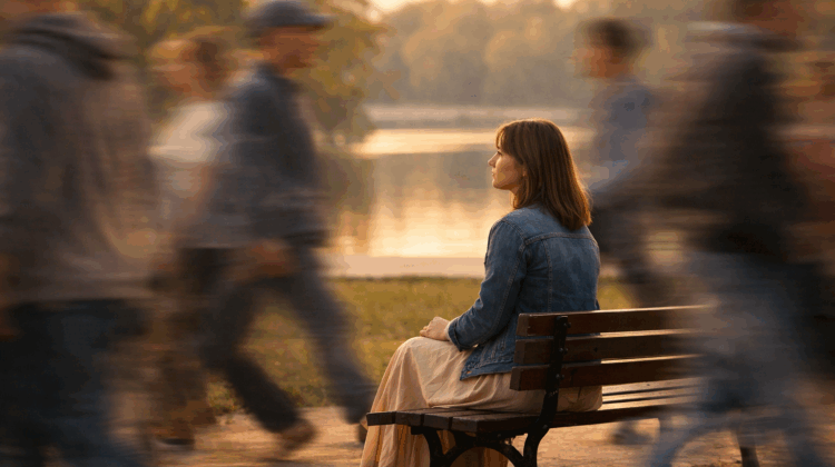 A calm woman sitting on a park bench while blurred figures rush past her, symbolizing stillness amid a busy world.