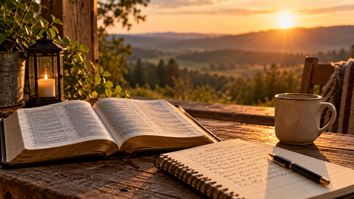 An open Bible and handwritten journal in a peaceful, technology-free setting, symbolizing personal reflection, prayer, and a deeper relationship with God.