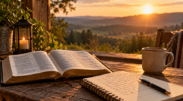 An open Bible and handwritten journal in a peaceful, technology-free setting, symbolizing personal reflection, prayer, and a deeper relationship with God.
